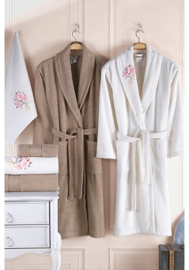 Newhome Mimoza2 6 Parça Kutulu %100 Pamuk Aile Bornoz Seti Krem/kahve Karışık