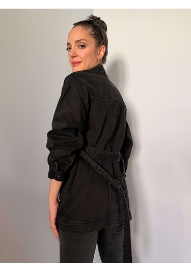Siyah Kuşak Detaylı Denim Ceket Siyah