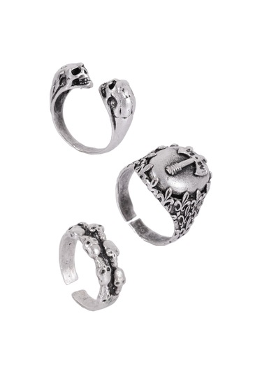 Erkek Antik Gümüş Kaplama Ayarlanabilir 3'Lü Yüzük Seti N11.11041 Gümüş