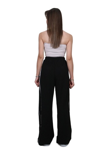 Kadın Modal Kumaş Kontrast Detaylı Siyah Düz Kesim Pantolon Siyah