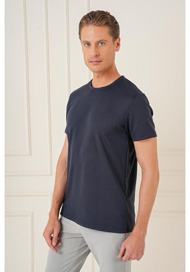 Comfort Fit Bisiklet Yaka Esnek Pamuk Casual Lacivert Tişört Ts 885 Lacivert