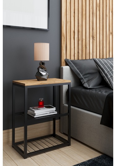 Metal Ayaklı Dekoratif Tel Raflı Komodin Atlantik Çam Atlantik Çam