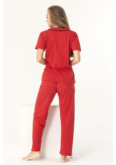 Kırmızı Renk Biyeli Pamuklu Kısa Kol Pijama Takımı Kırmızı