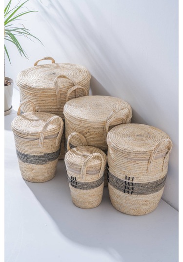 Mira Hasır 5 Li Çok Amaçlı Sepet Seti Krem