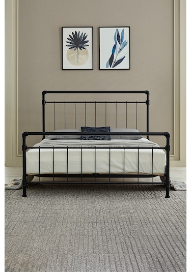 Odin Çift Kişilik Metal Karyola-siyah Ahşap Latalı