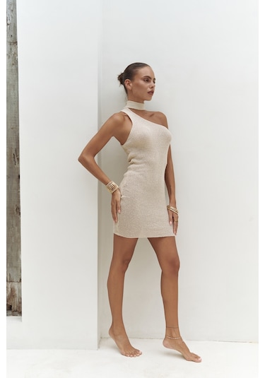 Budah Asimetrik Triko Bej Mini Elbise Bej