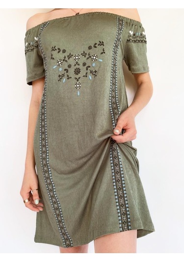 Kadın Bürümcük Desen Haki Elbise