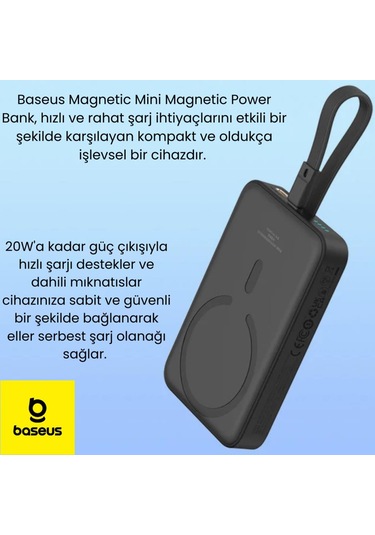 Baseus 20w 10000mah İphone Lightning Kablolu Ve Kablosuz Şarjlı Magsafeli Süper Hızlı Powerbank Siyah