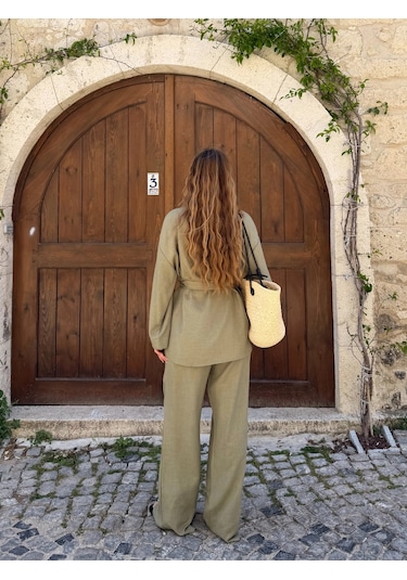 Laluvia Haki Tek Düğmeli Kuşaklı Kimono Takım - 007
