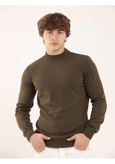 Dufy Haki Erkek Slim Fit Yarım Balıkçı Yaka Triko - 91087 Haki