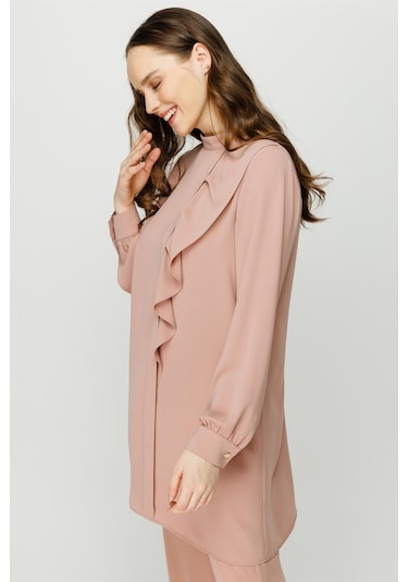 Volan Detaylı Pantolon Tunik Takım Pudra-pudra Pudra