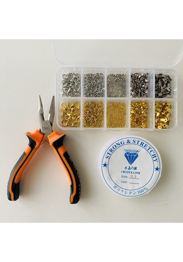 Kutulu Set 8 - 530 Adet Takı Yapım Ve Tamir Seti - Altın Ve Gümüş Renk - Pense Ve Misineli