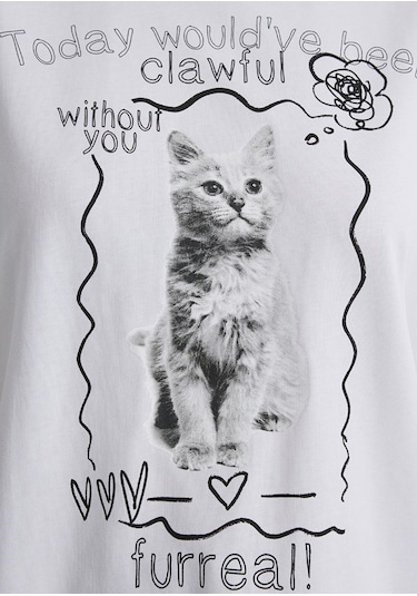 Mavi - Kedi Baskılı Beyaz Tişört 1613095-620 Beyaz