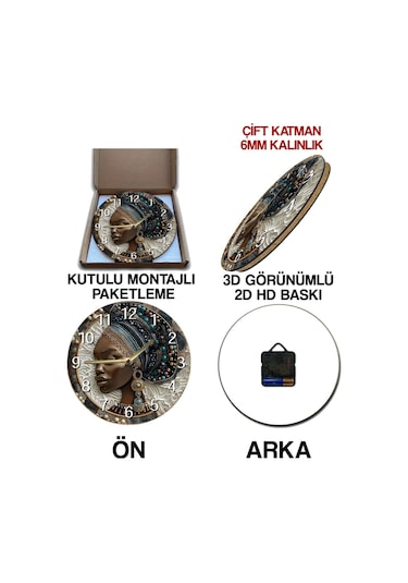 Afrikalı Kadın Portreli Çift Katmanlı Mdf Saat 33 Cm Sanatsal Duvar Dekoru Sdw358 Renkli