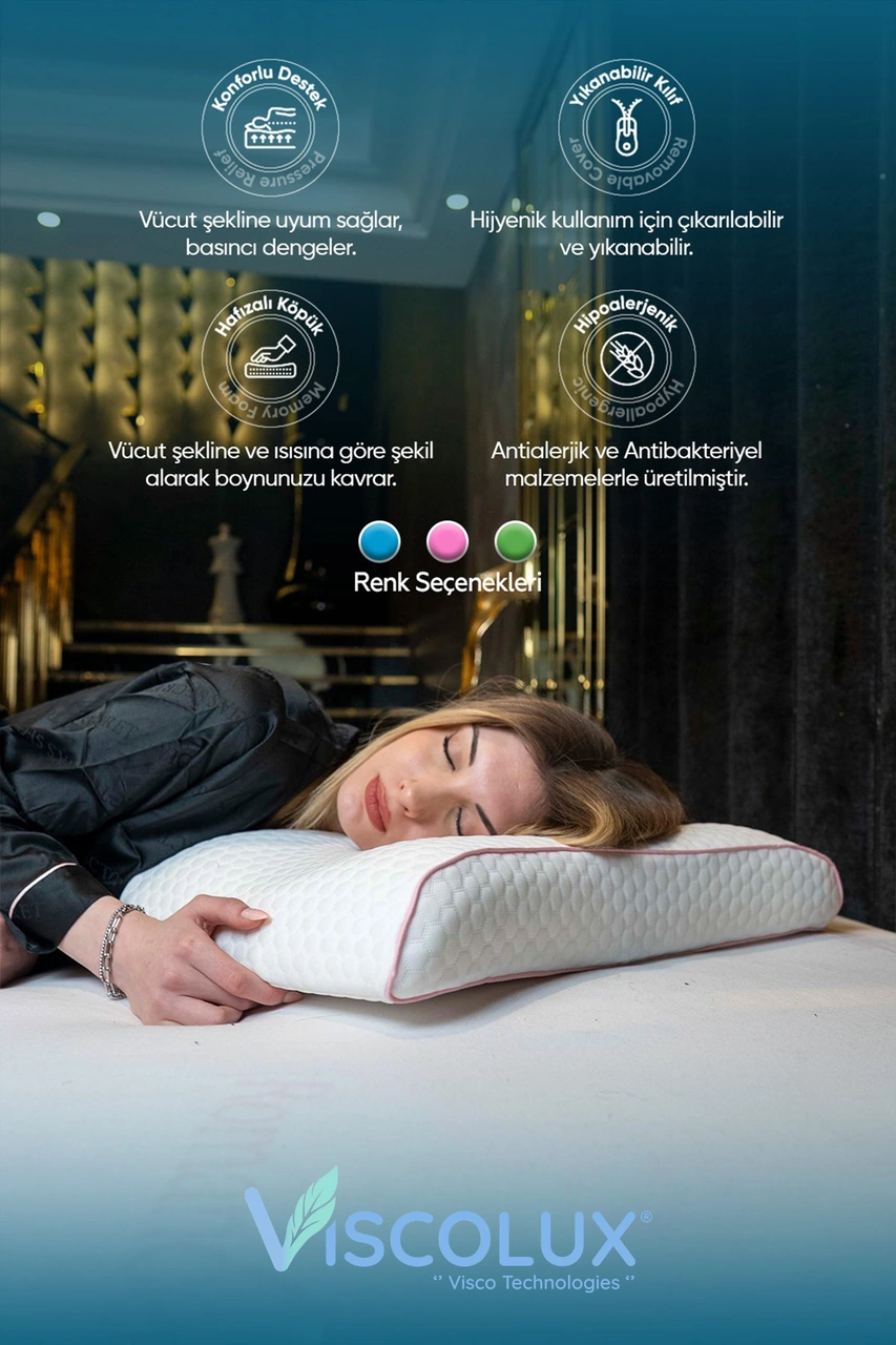 Bombeli Lüx Boyun Destekli Ortopedik Yastık Anti-aging Visco Yastık 57x42x13/11 Pembe