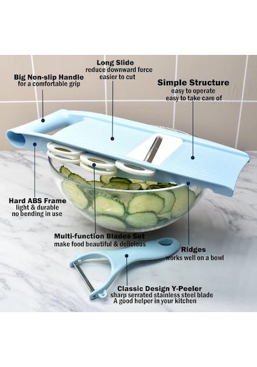 Mutfak İçin 5'i 1 Arada Mandolin Dilimleyici, Patates Cipsi İçin Çok Bıçaklı Sebze Doğrayıcı, Sebze Doğrayıcı, Mavi Diğer