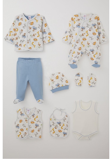 Breeze Erkek Bebek Hastane Çıkışı 8 Li Safari Macerası Sevimli Hayvancıklar Desenli 0-3 Ay, Ekru Ekru