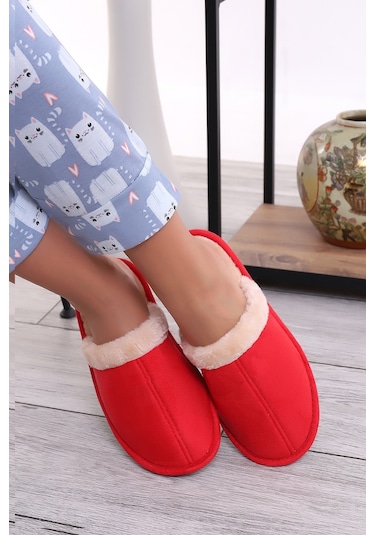 Wordex U050 Unisex Kışlık Ev İçi Terliği Kürklü Yünlü Terlik Kırmızı