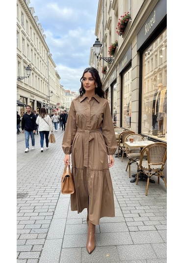 Nuss 2040 Desenli Elbise- Camel