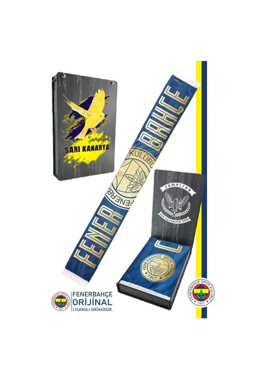 Fenerbahçe Lisanslı Canım Feda Olsun Fenerbahçe Şal Atkı Kanarya Baskılı Ahşap Kutulu Sarı - Lacivert