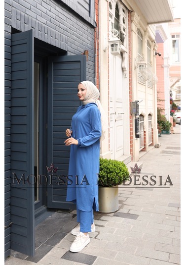 Kadın Mavi Aerobin Uzun Kapşonlu İkili Takım T0219 Mavi