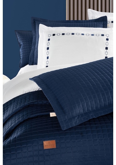 Elegante %100 Pamuk Saten Yatak Örtüsü Seti Lacivert Bej