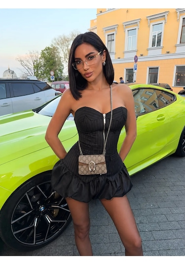 Havens Pamela Çizgili Balon Şort Etekli Takım Siyah