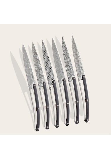 6 Deejo Steak Knives, Ebony Wood / Geometrie Siyah