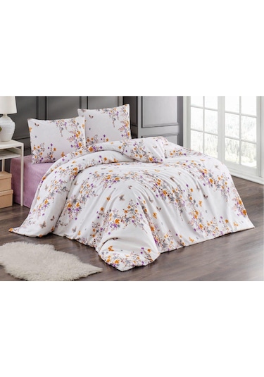 Tek Kişilik Nevresim Takımı 160x220cm 2 Yastık Kılıfı Lastikli Çarşaflı 120x200+30 Beyaz - Mor