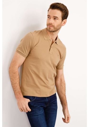 Erkek Vizon Modernfit / Dar Kalıp Polo Yaka Tişört-3965 Vizon