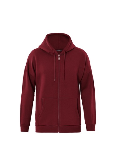 Unisex Fermuarlı Kapüşonlu Oversize Sweatshirt - Bordo Bordo