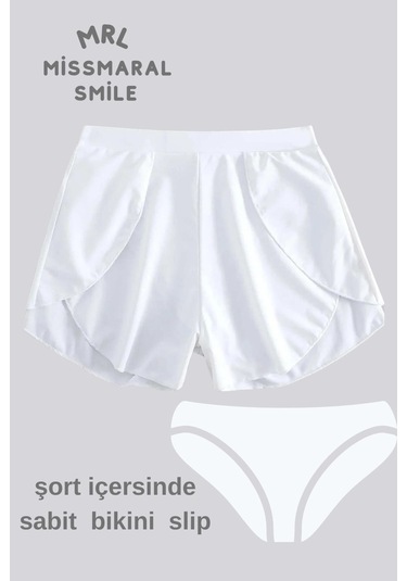 Kadın Beyaz Deniz Havuz Şortu Etek Görünümlü Yırtmaçlı Şık Model İçte Bikini Slip 1101 Beyaz