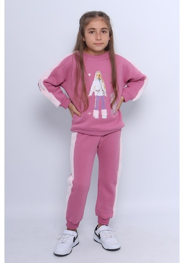 Kız Çocuk 3 İplik Eşofman Takımı Barbie Baskılı C22 LİLA