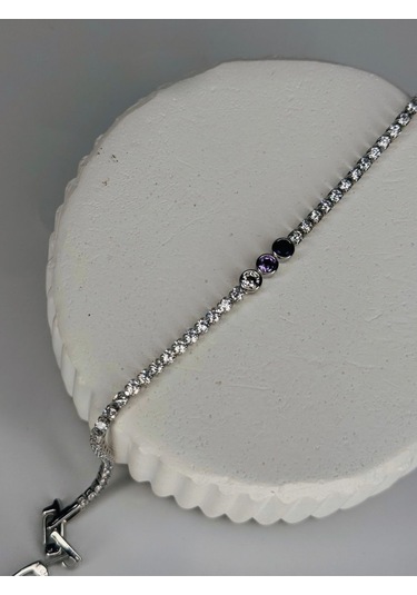 Mor Ve Siyah Taş Detaylı Gümüş Renk Çelik Bileklik Zarif Kadın Takı Gümüş