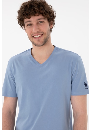 U.S. Polo Assn. Erkek Regular Fit  V Yaka Mavi Basic Tişört 50305858-VR036