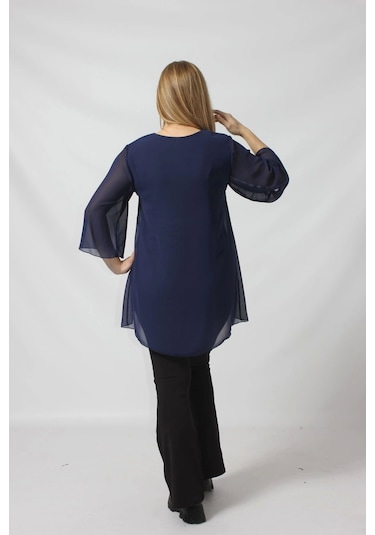 4048 Şifon -simli Dantel Kombinli Büyük Beden Bluz Lacivert Lacivert