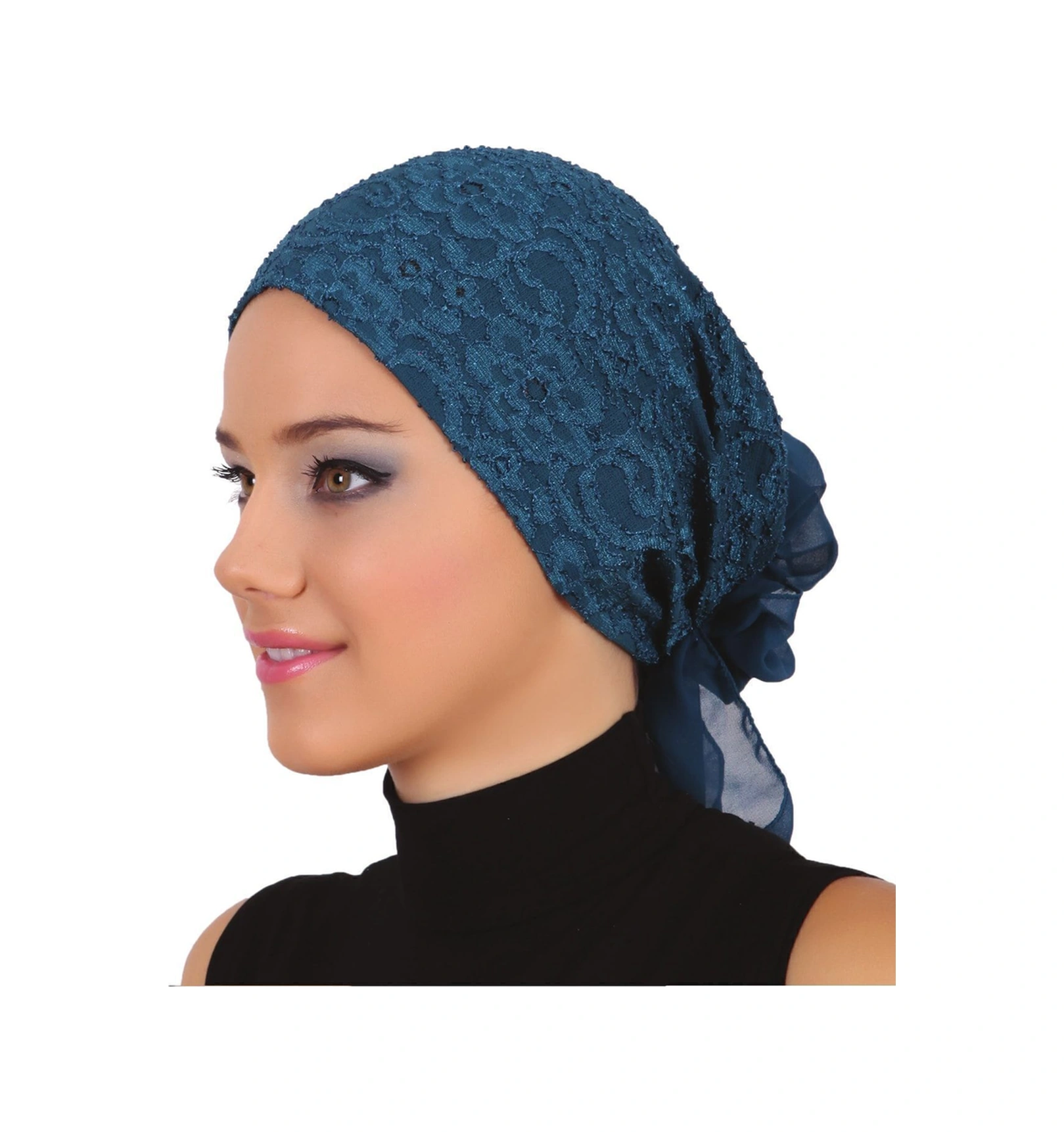 Dantel Tüllü Petrol Hazır Türban Tesettür Bone Petrol