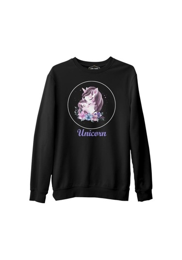 Unicorn Çiçek Anneler Günü Siyah Unisex Kalın Sweatshirt