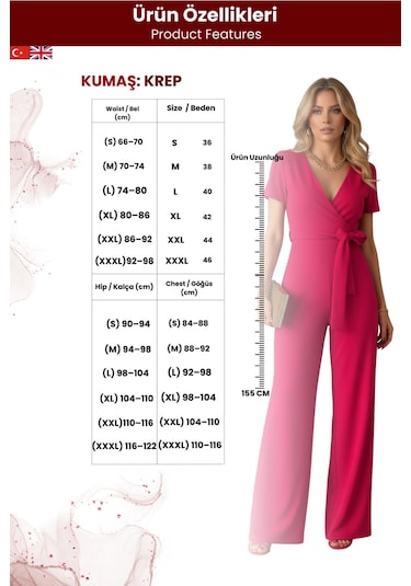 Zedefx Kadın İthal Krep Şık Tasarım Tulum Pembe