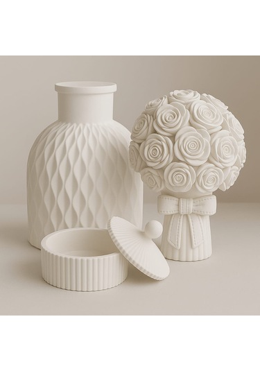 Gül Buket Figürlü Vazo Ve Saklama Kabı Seti El Yapımı Dekoratif Şıklık Beyaz