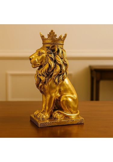 Taçlı Oturan Aslan Figürü Polyester 34x14