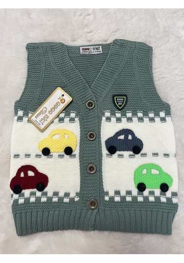 Sarı Yeşil Arabalı Örme Yelek Yeşil