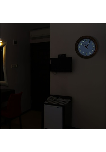 Krem Ahşap Çerçeve Fosforlu Gece Yanan Parlayan Duvar Saati 30Cm Ahşap