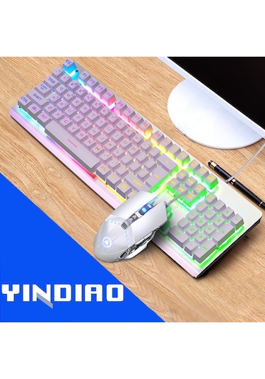 Yındıao K002 Usb Kablolu Mekanik Hissediyorum Rgb Arkadan Aydınlatmalı Klavye + Optik Fare Seti Beyaz