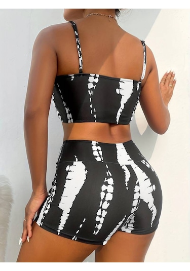 Ahes Shopping Kadın Büzgü Detay Askılı Crop Mini Tayt Ikili Takım Siyah