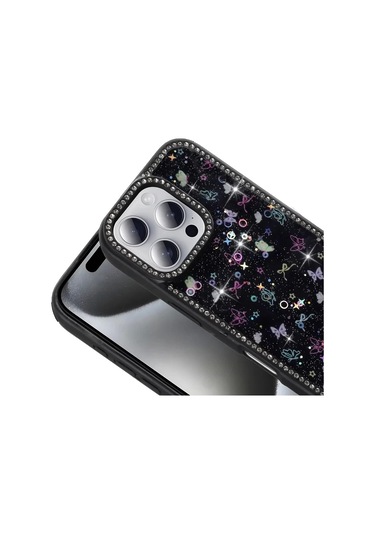 İphone Uyumlu 16 Pro Max Kılıf Taşlı Simli Kenarları Silikon Parıltılı Azra Kapak Telefon Kılıfı Kame