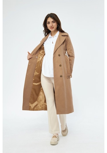 %100 Pamuk Ekstra Uzun 120cm Kruvaze Kadın Trençkot 1121 Koyu Bej