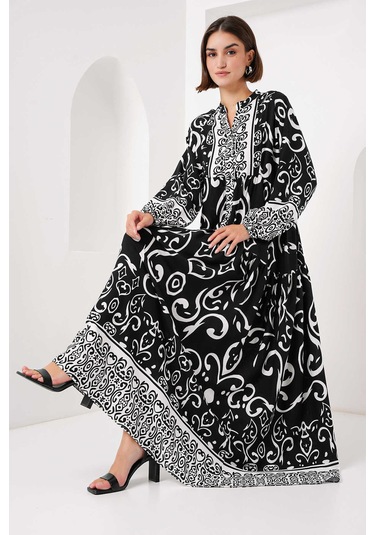 Gabria Ön Düğmeli Desenli Viskon Elbise Siyah - Ekru