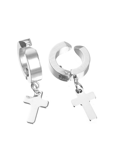 Sıkıştırmalı Erkek Küpe Çelik Sallantılı Haç Işareti Takı P24 T5 Çelik