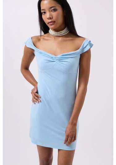 Büzgü Detay Omuz Askılı Mini Elbise Bebe Mavi